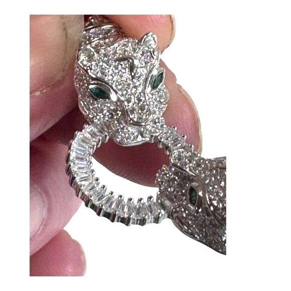Sterling Silver Panther Cougar Head Necklace Pave Rhinestone Emerald Green Eyes - Picture 4 of 8